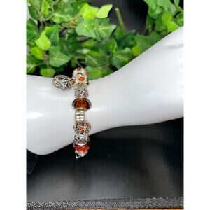 European Amber Style Charm Bracelet - Silver Tone Heart & Rhinestone Accents
